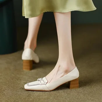 Zapatos De Mujer Женская классическая лакированная кожа с круглым носком на квадратном каблуке Женская повседневная обувь на каблуке H1057