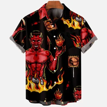 Стиль дьявола Харадзюку 3d печать гавайская рубашка мужская одежда свободная дышащая мужская рубашка летняя рубашка мужская одежда с коротким рукавом