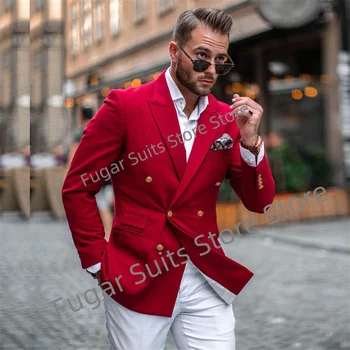Мода Красный Мужчины Костюмы Двубортный Пик Лацкан Жених Формальные Смокинги 2 шт. Комплекты Повседневная куртка и белые брюки Костюм Homme