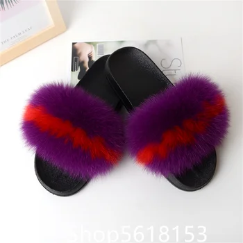 фиолетово-красный цветовой контраст Мода Универсальные тапочки из натурального меха лисы Популярные в Интернете Выход в свет
