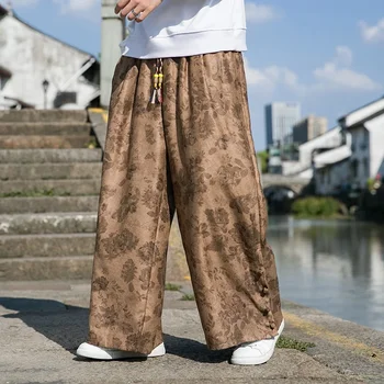 Китайская традиционная одежда Осенние и весенние брюки с разрезом Ретро Цветочный Мужской Широкий Штанина Оверсайз Уличная Мода Брюки