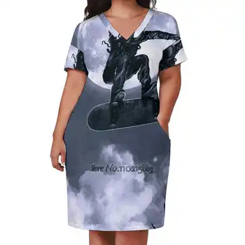 Spaceboarding Свободная юбка с V-образным вырезом Сексуальная юбка с коротким рукавом Свободное платье А-силуэта Легкое и дышащее платье Космическая природа Астронавт