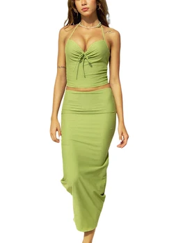 Женский укороченный топ без рукавов с открытой спиной и макси-юбка - стильный летний наряд с изюминкой