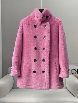 Пальто из овечьей шерсти Женское корейское платье средней длины Версия 2023 Новое зернистое пальто из овечьей шерсти Haining Мех и мех интегрированы