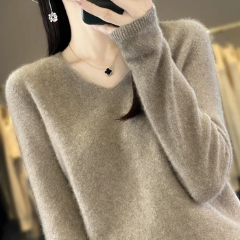 Женский толстый свитер из чистой шерсти, топ с V-образным вырезом, пуловер с длинными рукавами, приталенный пуловер, однострочная одежда, осень и зима