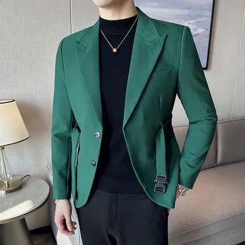 Мода Британский стиль Блейзер Темно-зеленый костюм Пиджак Деловой повседневный Топ Сцена Хозяин Вечеринка Платье Высокое Качество Социальная Мужская Одежда