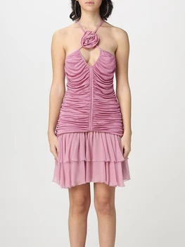 Женское однотонное платье Тонкое мини-платье с рюшами и глубоким вырезом на шее с открытой спиной и 3D цветком розы