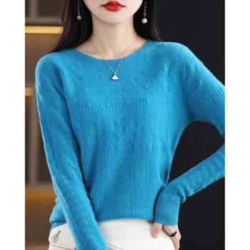 100% чистый шерсть кашемир бесшовный вязаный свитер с круглым вырезом с длинными рукавами модная женская одежда полая резьба