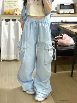 ADAgirl Брюки-карго Женские мешковатые синие Y2K Мода Свободный карман Вышивка Широкие штанины Спортивные брюки Harajuku Causal Mujer Спортивные штаны