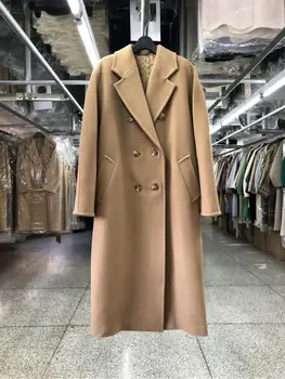 2023 Осенне-зимние офисные женские кашемировые куртки Костюм в корейском стиле Воротник на шнуровке Двубортные свободные длинные женские шерстяные пальто