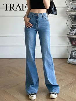 TRAF 2023 Новые женские модные ретро однотонные простые расклешенные джинсовые брюки со средней талией и молнией High Street Женские женские женские джинсы