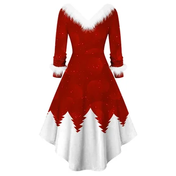 Женщины Зимнее Пушистое Плюшевое Платье Для Вечеринок Женское Платье с длинным рукавом Нерегулярное А-образное платье Vestidos Navidad Сращенное рождественское платье