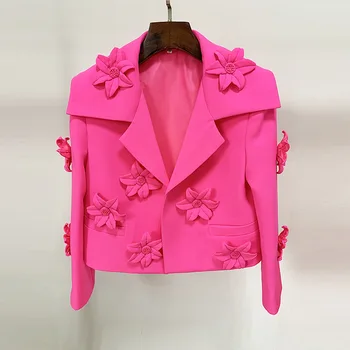 Plus Size Розовый Блейзер Женщины Короткие 3D Вышивка Цветы Большой Лацкан Повседневный Прямой Пиджак Куртка Весна Осень S-2XL