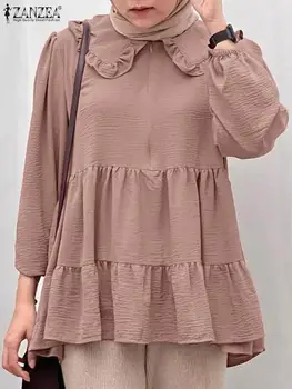ZANZEA Мода Винтаж С длинным рукавом Однотонный мусульманский топ Повседневный женский блузка с воланом Свободная рубашка для вечеринок Исламская одежда Рамадан Блуса