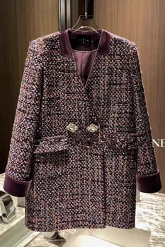 французский твид бархат сшивание куртка осень маленький аромат V-образный вырез с длинным рукавом мода женская верхняя одежда