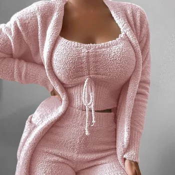 2023 Женская плюшевая тройка Пижамный костюм на шнуровке Костюм для отдыха Домашняя одежда