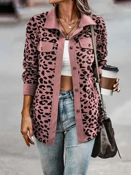 Осенняя леопардовая куртка Женская вельветовая куртка Пальто Женская рубашка с длинным рукавом Зимняя свободная рубашка Куртки для дамских пуговиц Карман