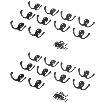  20 шт. Сверхмощные крючки для пальто с двумя зубцами, настенные с 40 винтами (черные)