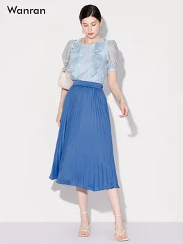  Лето 2023 Новый темперамент Из двух частей Синий топ с коротким рукавом Плиссированная юбка Комплект длинной юбки