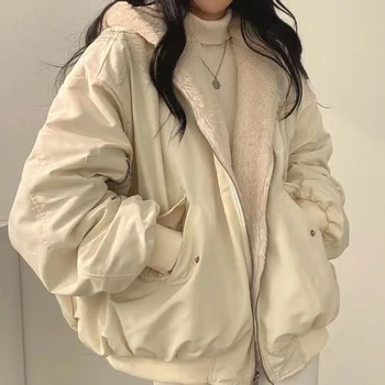 Зимняя утолщенная двусторонняя одежда Теплая плюшевая куртка Женщины Корейская мода Повседневная свободная куртка на молнии Пальто с капюшоном Женская верхняя одежда