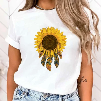 (футболка премиум-класса)Симпатичные футболки с принтом Sunflower Dreamcatcher для женщин и девочек Повседневные футболки с круглым вырезом Топ Лето Женский свободный топ