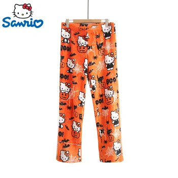 Хэллоуин Кавай Sanrio Hellokitty Мультфильм Пижама Y2K Осень/зима Пушистые теплые брюки для бабушки Мода Свободная домашняя одежда