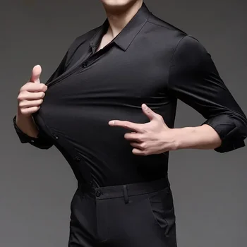 Мужская строгая рубашка Высококачественная бесшовная рубашка с длинными рукавами Деловой повседневный приталенный костюм без утюга Рубашка из бамбукового волокна