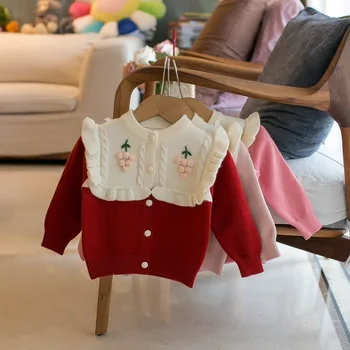 Осень 2023 Модные свитера для девочек Пэчворк Виноградная вышивка Трикотажный кардиган Детский свитер Пальто