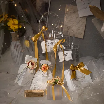 Золотые роскошные прозрачные подарочные пакеты из ПВХ Прозрачные большие сумки Свадебные коробки для конфет Подарочная упаковка Пакеты с ручками Сувениры Подарок содержит