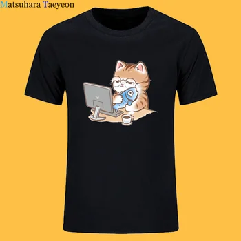 кошка Мультяшная графика Мужская футболка Животный принт Топ С коротким рукавом Хлопок Японская футболка Harajuku Мужская уличная футболка Funny Tshirt