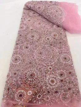 2024 Высококачественная нигерийская африканская тюлевая ткань с пайетками, вышивка бисером, французская кружевная ткань для свадебного платья