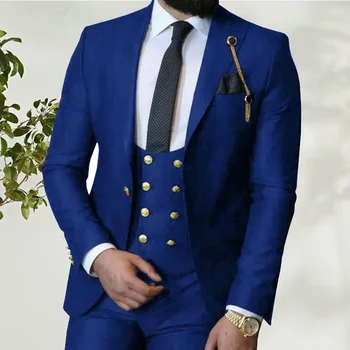 Королевский синий мужской костюм Итальянские деловые костюмы для мужчин Жених Смокинги Костюм для свадебного костюма Homme 3 шт. (Блейзер + Жилет + Брюки)