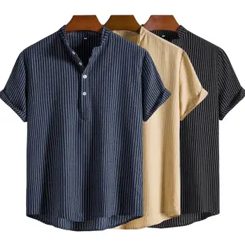 Мужчины Повседневная блузка Летняя рубашка Однотонный удобный пуловер Свободный воротник-стойка Простой с короткими рукавами Мужская футболка Мужская одежда