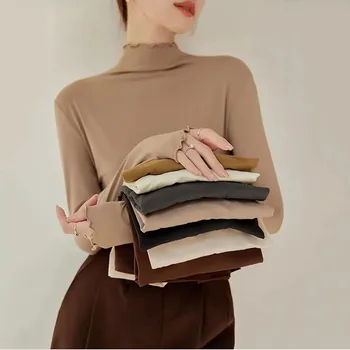 Женская элегантная теплая верхняя рубашка осень/зима с длинным рукавом и оборками, повседневная тугая высокая эластичная рубашка со стоячим воротником