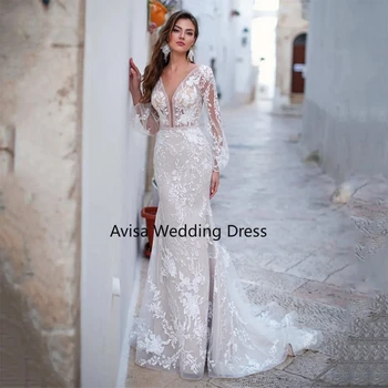 Роскошные свадебные платья из тюля русалки с открытой спиной 2023 Кружевные аппликации с длинным рукавом V-образным вырезом Белое свадебное платье vestidos de novia