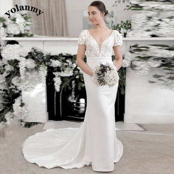 YOLANMY Элегантное свадебное платье русалки для женщин Короткие рукава V-образный вырез Аппликации с открытой спиной Атласные свадебные платья Vestidos De Novia