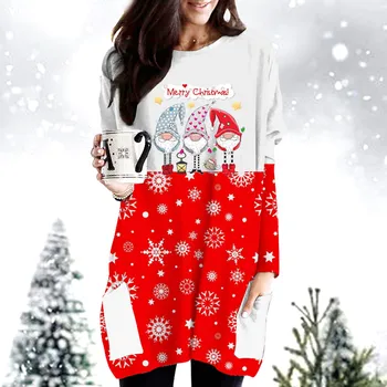 Рождественские красные футболки Женская рубашка Платье Vantage Мультфильм с длинным рукавом Пуловер O Шея Оверсайз Вечеринка Дамы Графика Рождественская футболка