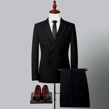 2023Новый черный двубортный (Блейзер+брюки) деловая мода элегантный и удобный свадебный шафер платье из двух частей