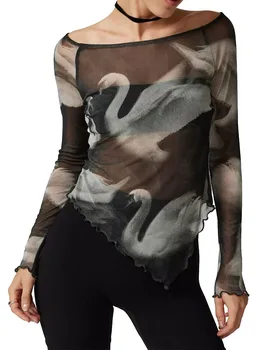 Женский укороченный топ с длинным рукавом Y2K Сексуальная прозрачная сетчатая футболка Асимметричный подол Футболка с цветочным принтом