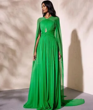Зеленый шифон А-силуэт О-образный вырез вечерние платья Длинная накидка Высокий вырез Плиссировка Пляж Дубай Арабские женские выпускные платья Vestidos De Noche