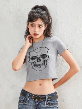 Женская футболка с круглым вырезом и коротким рукавом с принтом черепа Slim Fit Летние топы Уличная одежда