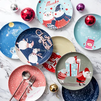 Новый год Обеденная тарелка в западном стиле Рождественская мультяшная костяная фарфоровая ручная роспись Керамическая тарелка для завтрака Кухонная посуда
