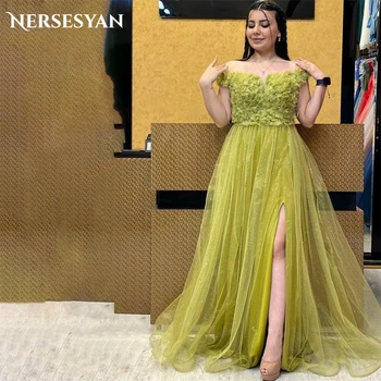 Nersesyan Блестящие желто-зеленые вечерние выпускные платья кружева с открытыми плечами Блестящее вечернее платье A-Line боковой разрез 3D цветы вечерние платья