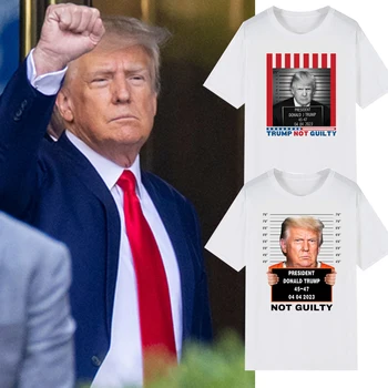 Классическая футболка с принтом Trump Mugshot Not Guilty Черный юморист Человек Трамп Рубашка Забавный Трамп Mugshot MAGA 2024 Тонкая футболка с короткими сливами