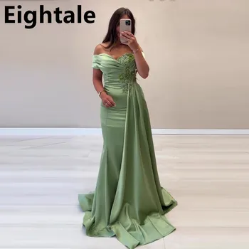 Eightale Off Shouder Grass Зеленая русалка Вечернее платье из бисера Длинные роскошные 2022 Дубай Женское атласное вечернее платье