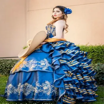 Синие платья Quinceanera Бальное платье с рюшами Пышное вечернее платье для выпускного вечера Charro Sweet 15 Традиционное мексиканское платье abendkleider 2020