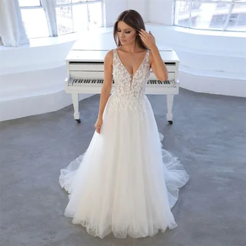 FIDDY898 Свадебные платья с V-образным вырезом Элегантное платье без рукавов А-силуэта с аппликацией для женщин Свадебное платье C32
