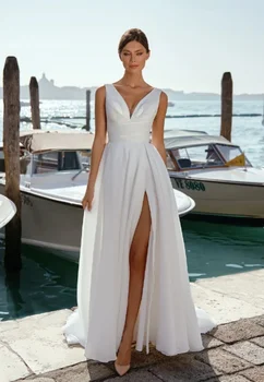 V-образный вырез длина до пола Свадебные платья с открытой спиной Изготовленные на заказ по размерам Длина пола Халат De Mariee Простое пляжное свадебное платье