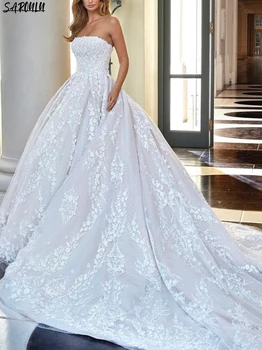 Элегантное свадебное платье без бретелек Блестящее Без платка Аппликации Халат невесты Изящные свадебные платья в пол Vestidos De Novia