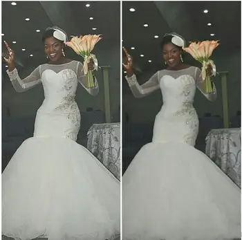  Красивая африканская Нигерия Бисерные пайетки Русалка Свадебные платья 2023 Изготовленные на заказ большие размеры с длинными рукавами Формальные свадебные платья